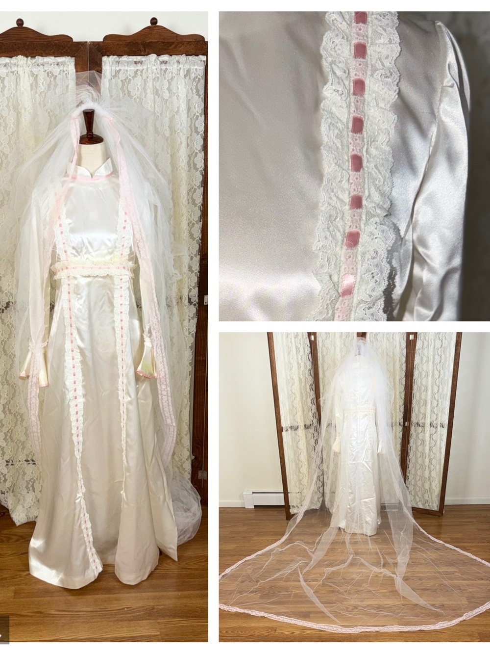 Fabulous Vintage 1960s Pink Satin Trim Wedding Gown & Cathedral Veil
